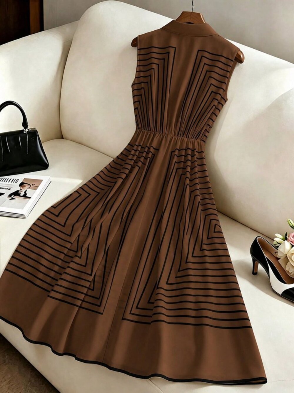 Brown Casual Women's Geometric Striped Sleeveless Shirt Dress - Picture 3 of 6